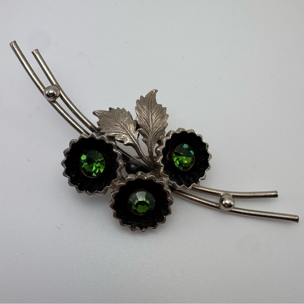 Vintage Silver-Toned Flower With Green Rhinestones Brooch Pin